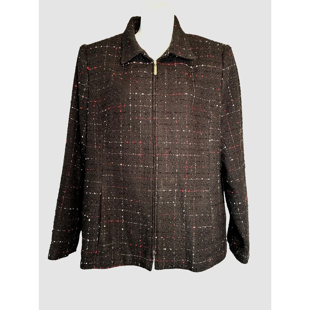 Vtg 90s Sag Harbor Structured Tweed Blazer Jacket Sz 14 Black Red Plaid Corpcore